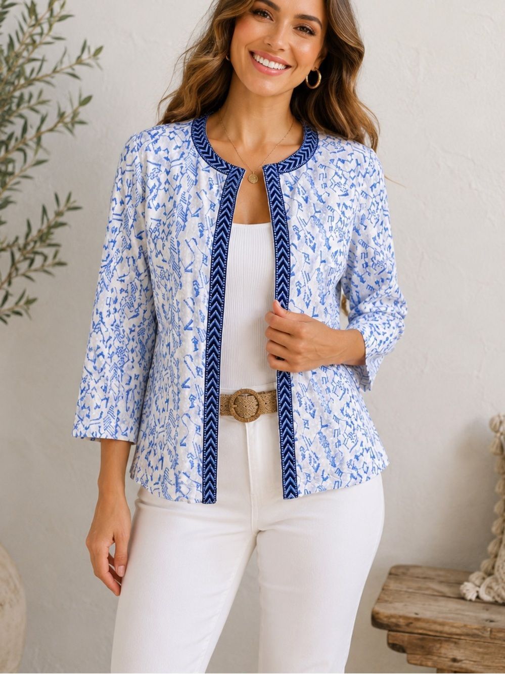 Chico’s Cotton Embroidered Tribal Print Open Front Jacket Size S
